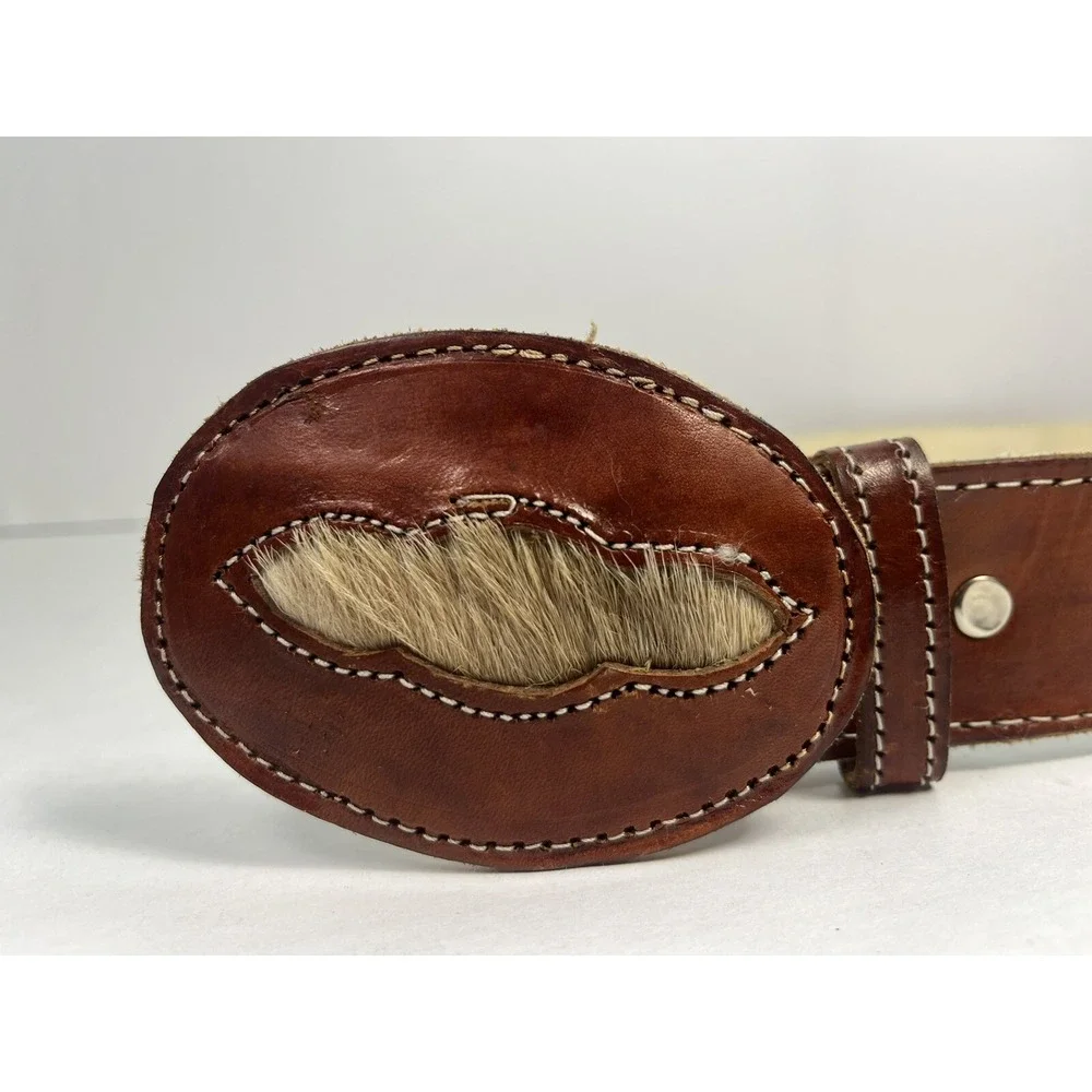 Brown Leather Belt w/ Fur Calf Hair Western Style Large 1 7/8